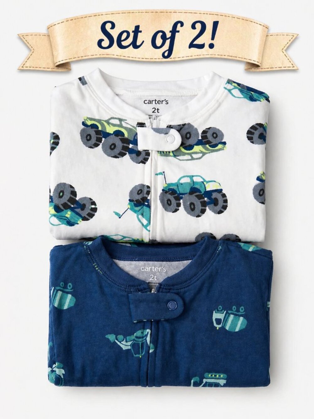 NWT Carter’s Toddler Boy Pajamas -Set of 2 - Footed Sleepers Trucks Vehicles